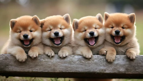 Joyful fluffy puppies share a happy moment on a fence