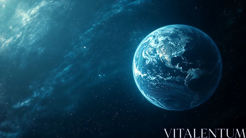 Gentle blue Earth drifting quietly through starlit space.