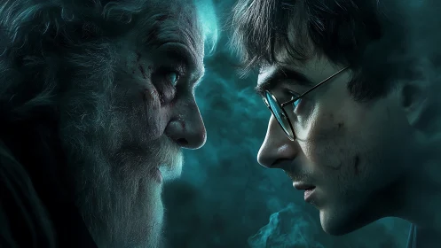 Two injured male faces confront each other in dense teal haze