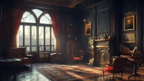 Velvet-quiet Victorian study where dusk rehearses secrets.
