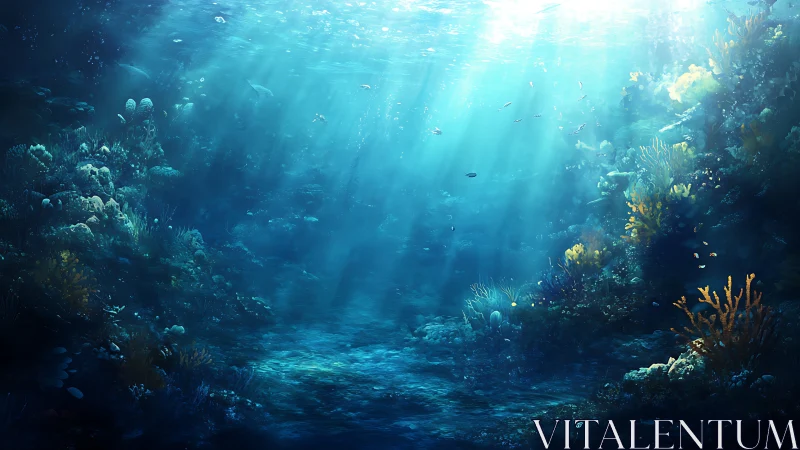 Sunlit underwater seabed shows coral formations and fish