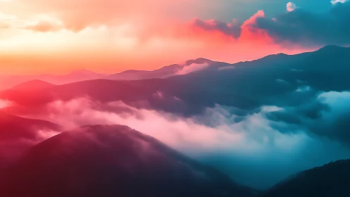 Iridescent alpine ridgeline under stratified mist at civil dawn.