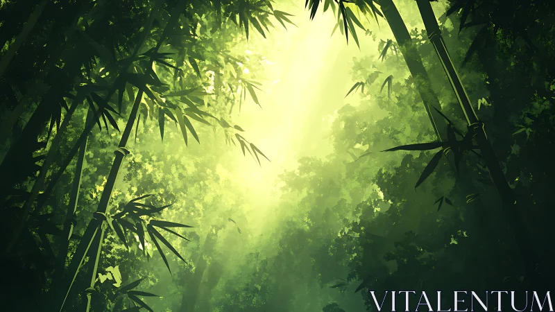 Sunlit bamboo canopy glows softly in tranquil green mist