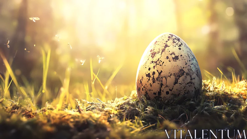 Speckled egg macro on mossy forest floor in golden backlight