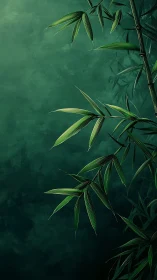 Emerald bamboo leaves unfold against a tranquil misted backdrop.