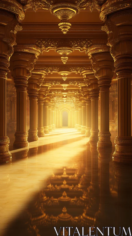 Golden columned corridor with ornamental vaulted ceiling.