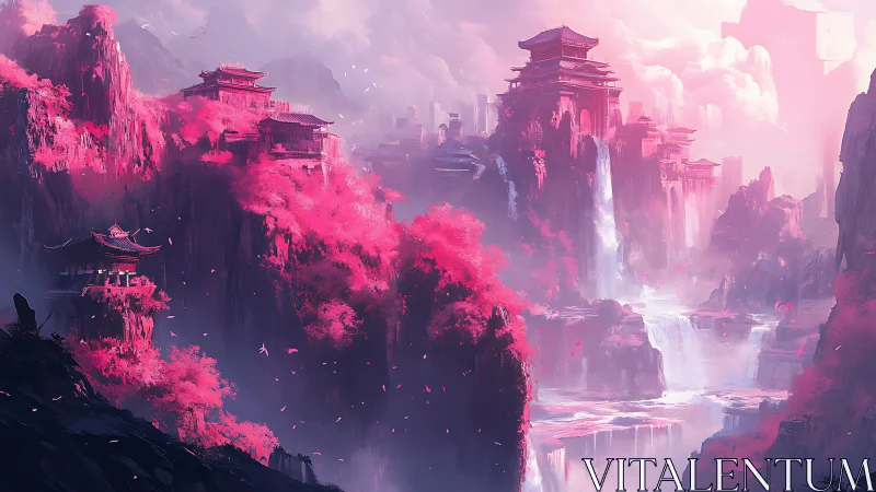 Cherry blossom citadel dreams over misted waterfall canyons.