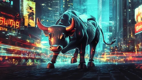 Cybernetic bull rendered in neon-lit urban canyon with motion streaks