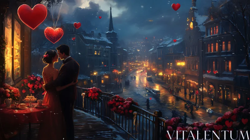 Neon Hearts Illuminate Winter Romance in Victorian City.