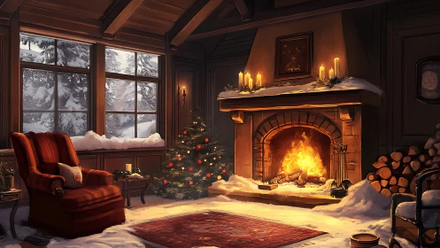 Cozy fireside cabin glowing with winter holiday warmth.