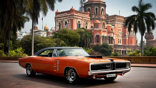 Vintage muscle car contrasts with ornate colonial palace architecture