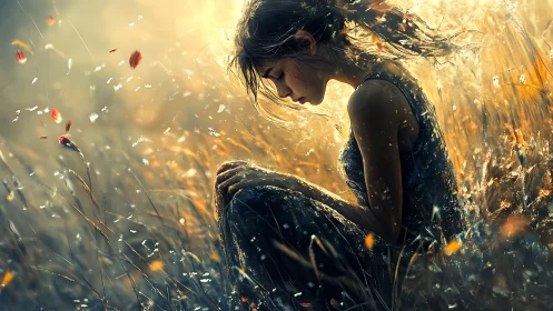Solitary girl glows in a storm of light, petals and memory