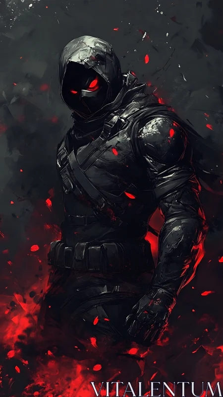 Hooded ember assassin stalking through volcanic shadowstorm.