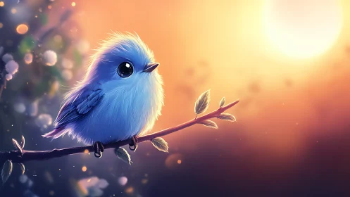 Cute blue cartoon bird on branch at sunrise, digital art style.