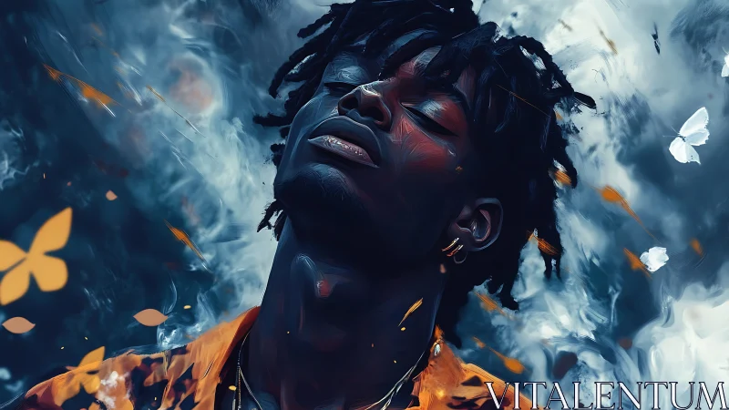 Midnight dreamer drifting with ember butterflies in smoke.