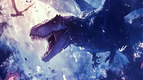 Spectral tyrannosaur charge under bifurcated chromatic sky.