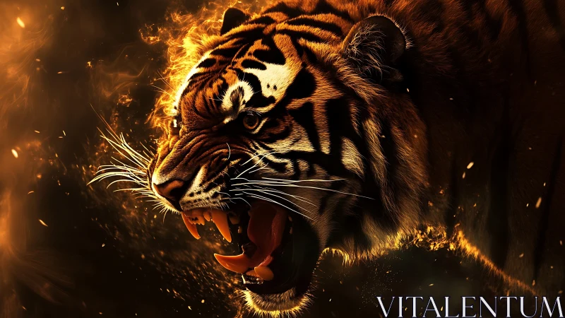 Tiger head roars in close-up with glowing embers around it