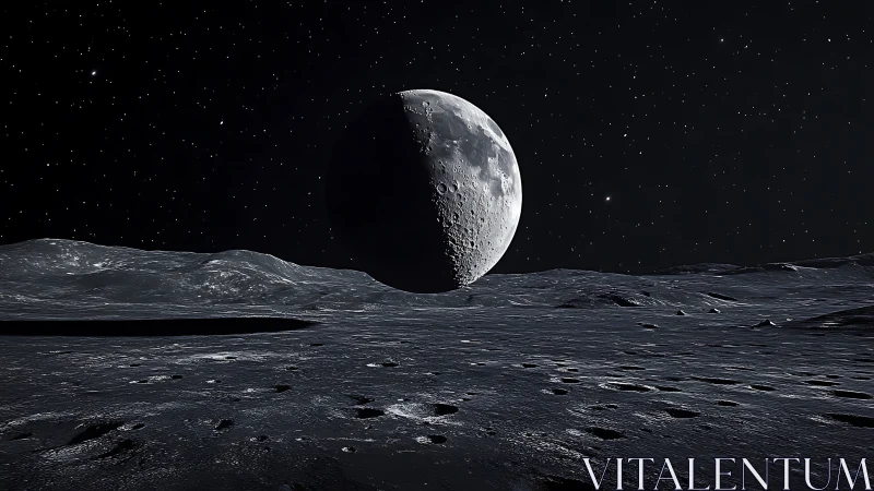 Lunar horizon under crescent Earthlight with cratered foreground.