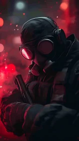 Tactical soldier in gas mask stands in red neon haze