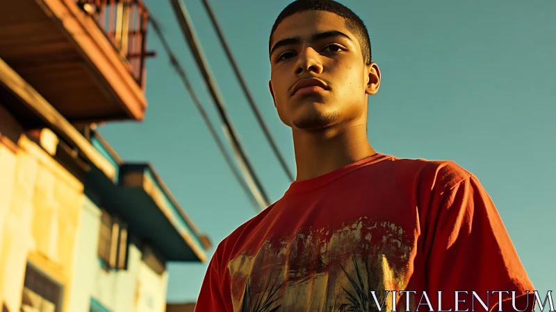 Urban portrait under golden hour light with bold red shirt.