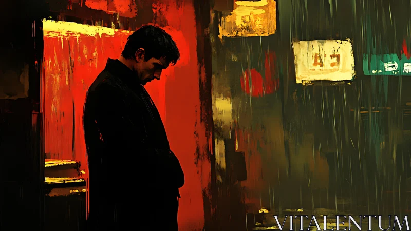 Solitary man in neon rain confronts urban loneliness