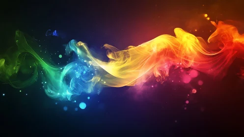 Vibrant rainbow smoke flows dynamically across a dark void