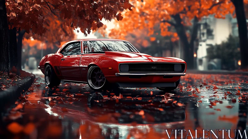 Crimson muscle car lingers in a rain-glossed autumn avenue