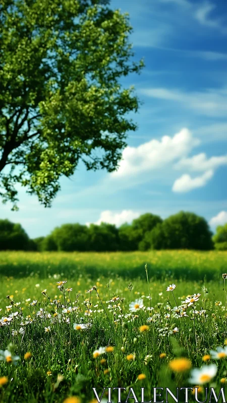 Sun-drunk meadow of wild daisies under wandering clouds.