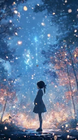 Girl stands in glowing forest clearing under falling lights