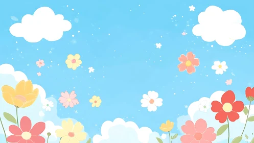 Spring garden blooms against bright blue sky with white clouds.