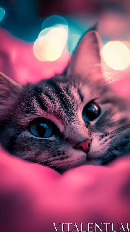 Feline subject rendered with neon color grading and bokeh lighting effects.