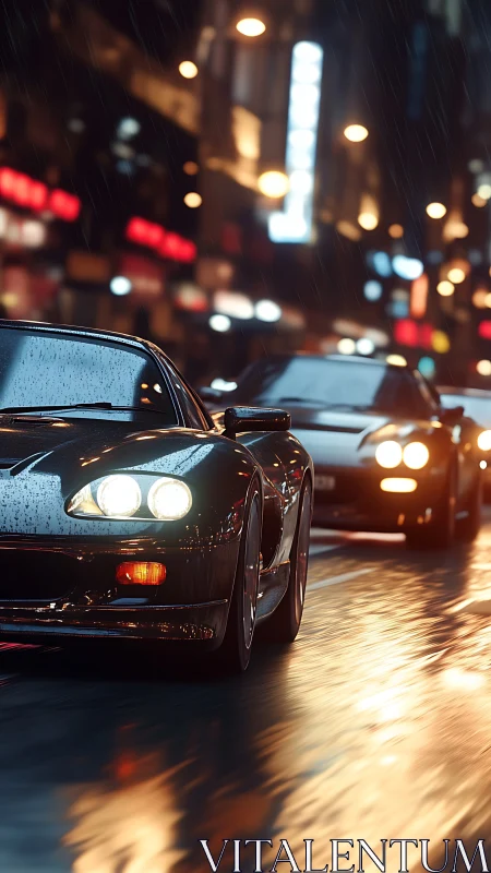 Photorealistic sports cars on wet neon city street at night.