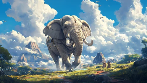 Majestic white elephant strolls calmly through bright clouds