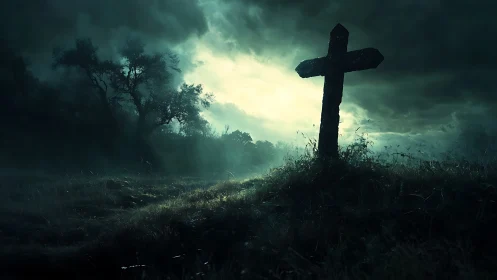 Stormlit graveyard cross leans into a brooding emerald sky