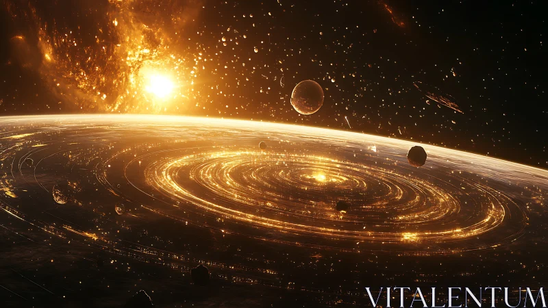 Celestial rings of molten light encircling distant worlds.