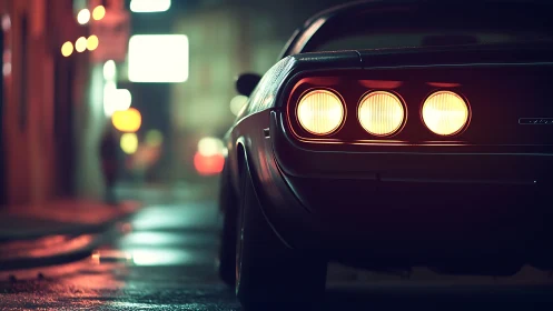 Classic muscle car tail lights glow on wet city street