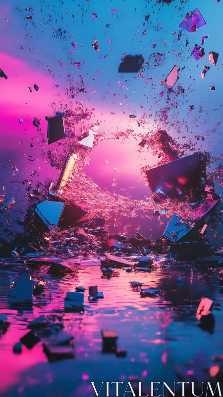 Shattered neon horizon over dreamlike reflective waters.