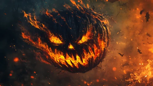 Fiery jack o lantern skull burns through smoky night sky.