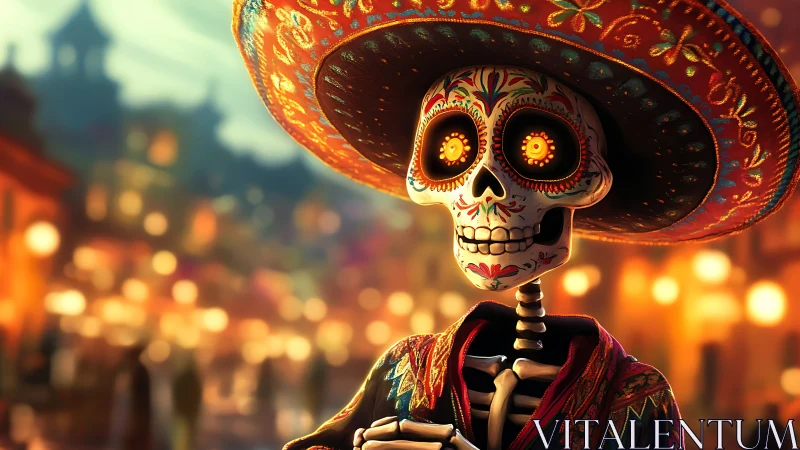 Skeleton in sombrero stands in colorful night street scene