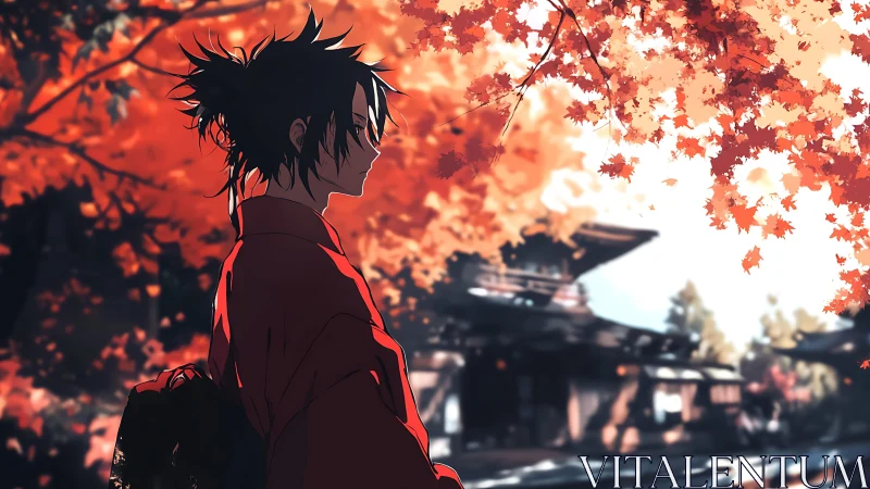 Side-lit kimono figure under saturated autumn maple canopy