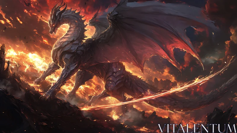 Armored fire dragon strides through blazing volcanic sky.