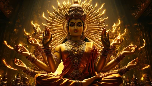 Multi-armed deity rendered with radial fire aura and ornate gold detailing