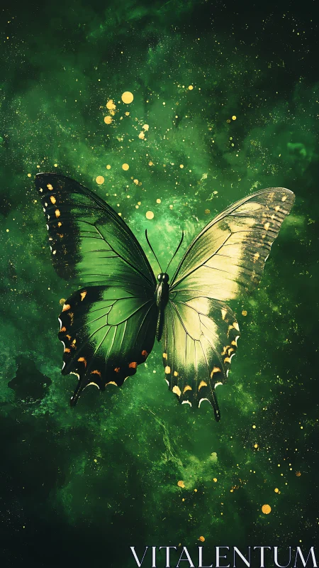 Green butterfly illustration on abstract speckled background.