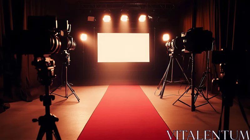 Red carpet studio corridor under cinematic key lighting.