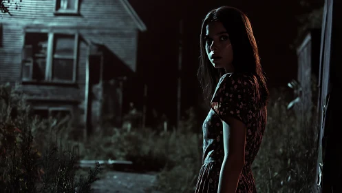 Moonlit girl pausing at the doorstep of an abandoned dread.