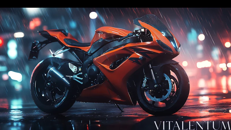 Neon rain crowns the orange superbike like liquid electricity