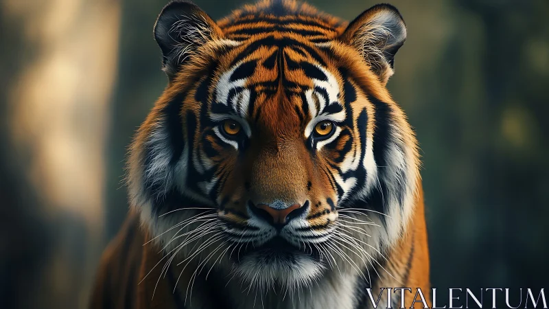 Golden-eyed tiger gazes calmly with quiet woodland strength