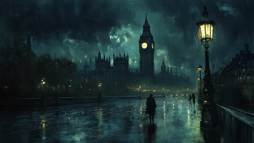 Rain-soaked London bridge under moody gothic skyline.