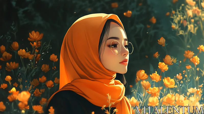 Portrait in amber hijab balances bokeh florals and soft light
