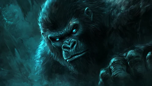 Powerful blue gorilla close-up in dark glowing light.